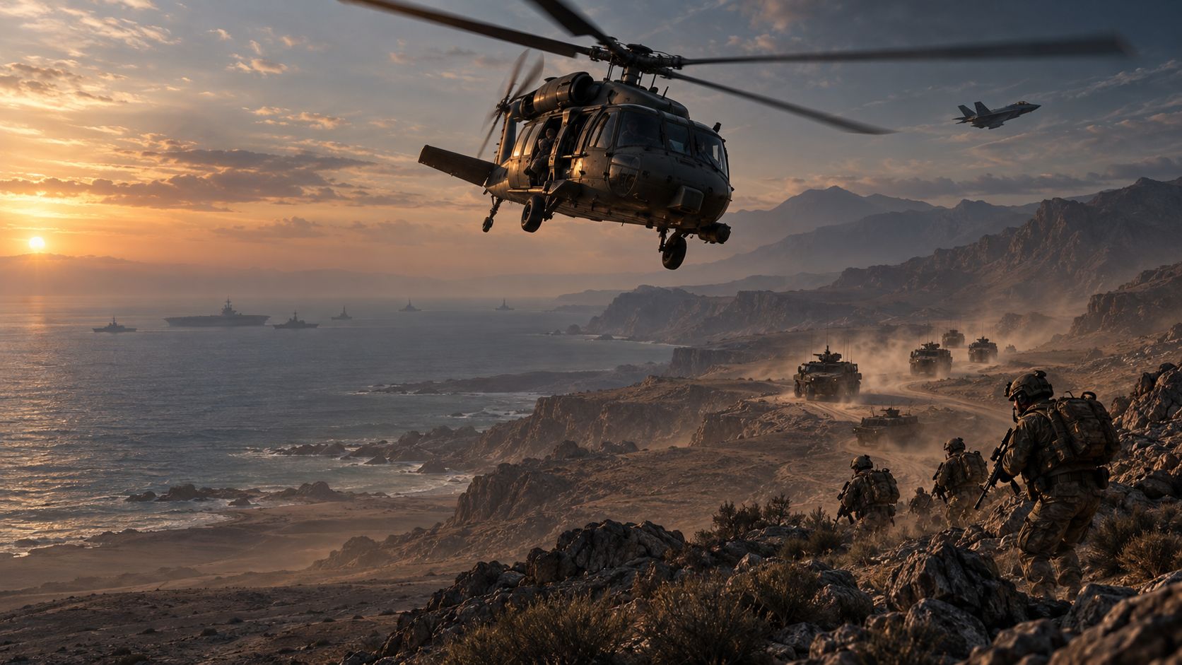 A transport helicopter banks over a coastal ridge at dusk while a squad moves up the rocks, armor pushes along the road, a fighter crosses overhead and a fleet holds offshore.